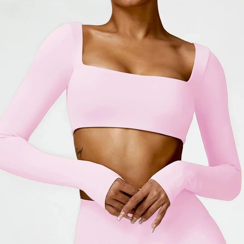Hearuisavy Summer Casual Quick Dry Sportswear Women Square Neck Gym Top Women Fitness Sports Crop Top Long Sleeve Yoga Clothing