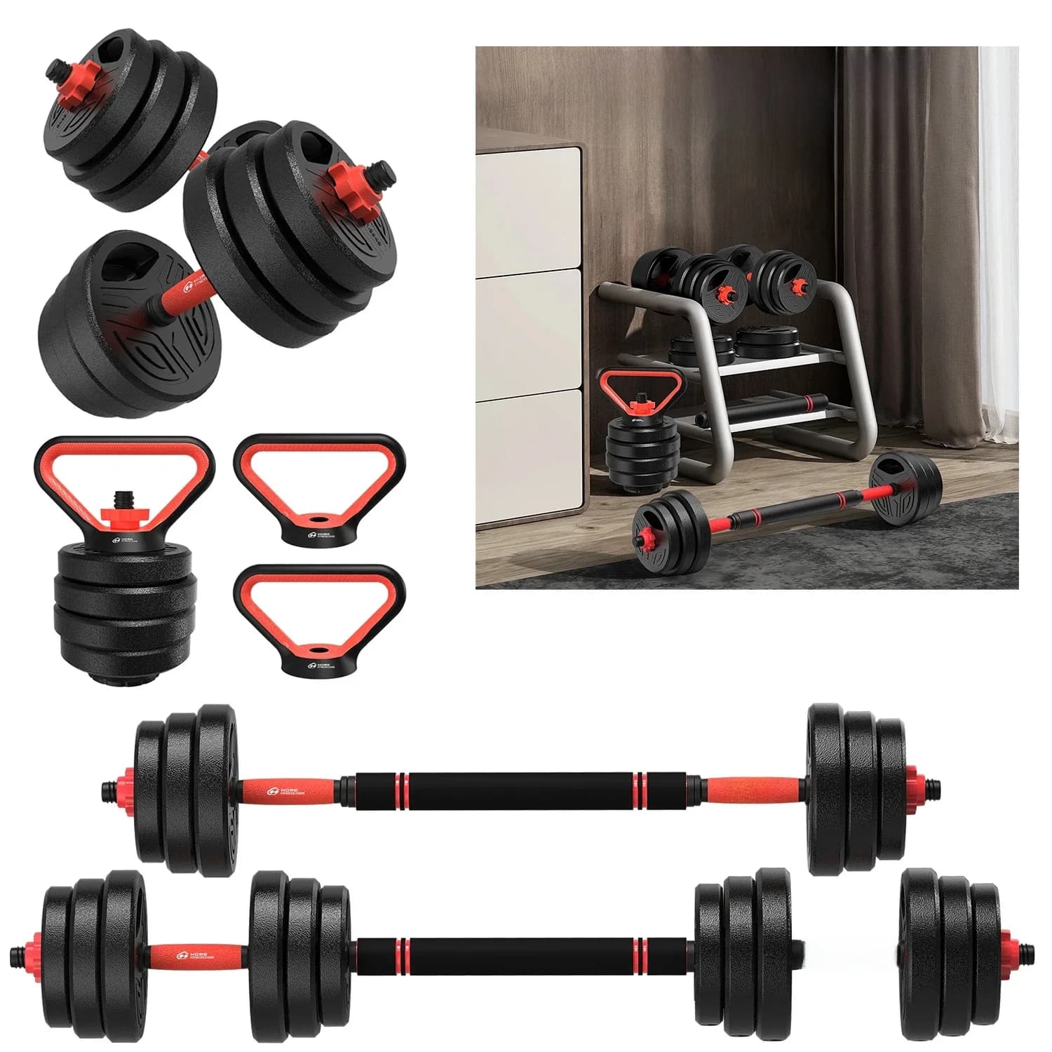 3-in-1 Dumbbells Set 20 kg Adjustable Dumbbells with Extra Barbell Bar Plastic-Coated Weight Plates Fitness Exercise Home Gym
