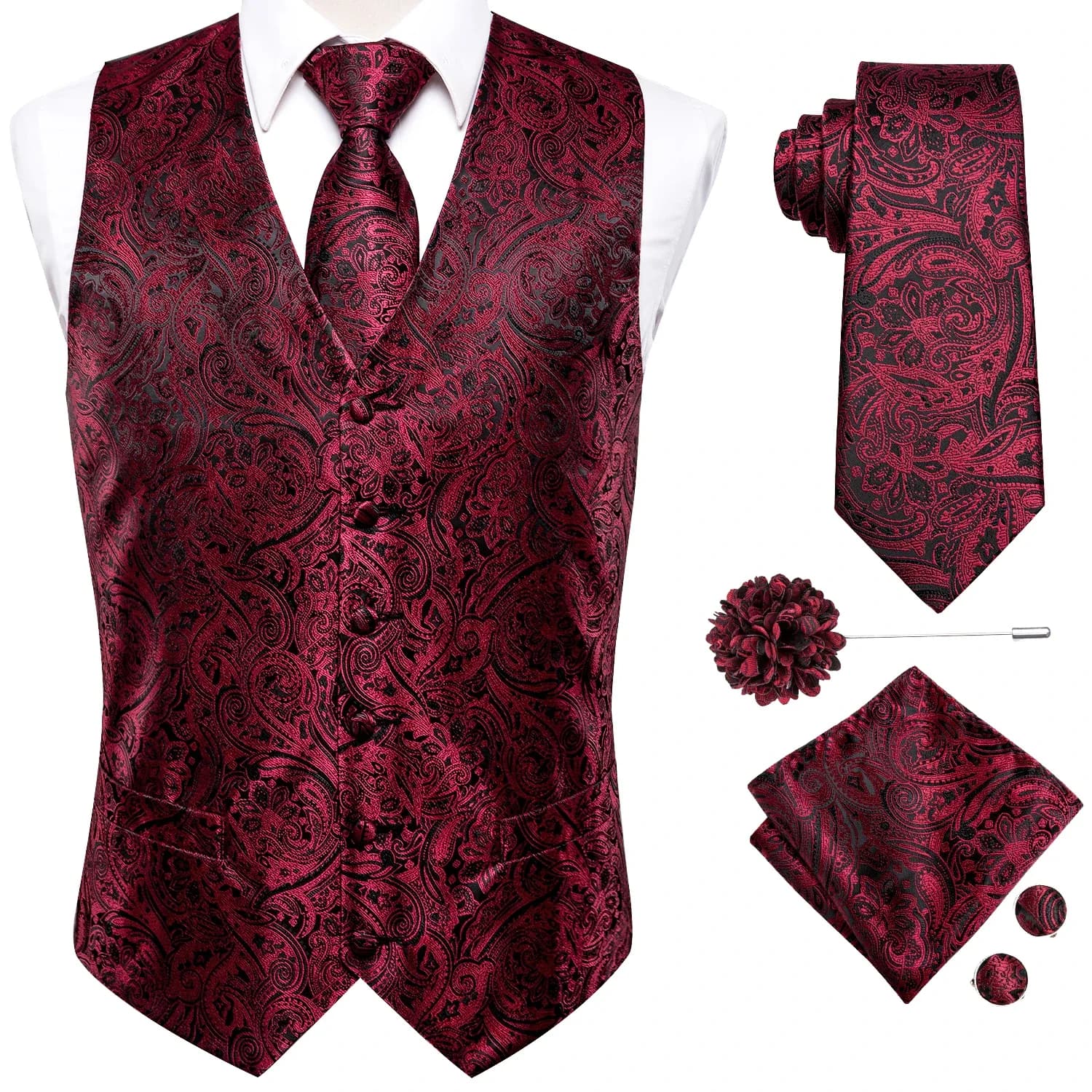 Mens Vests Jacquard Waistcoat Neck Tie Hanky Cufflinks Brooch Set for Men Suit Sleeveless Jacket Wedding Business Party