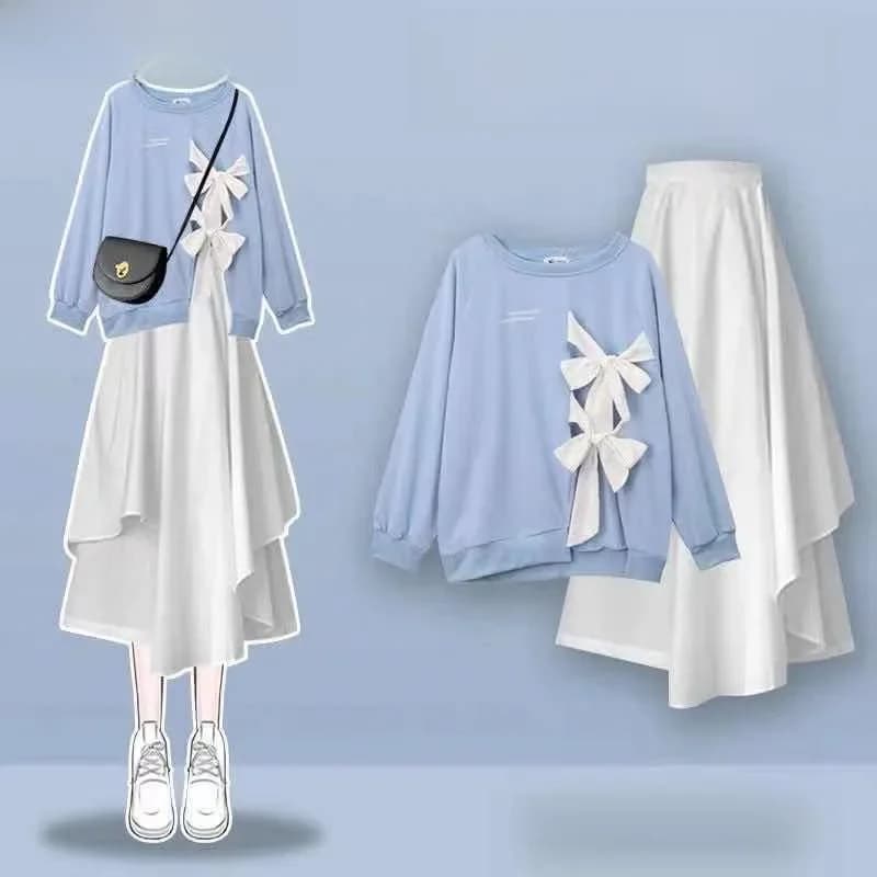 Korean Style Bow Knit Long-sleeved T-shirt Tops Ruffle Ruffle Skirt Elegant Women Skirt Suit Street Casual Outfits Tracksuit