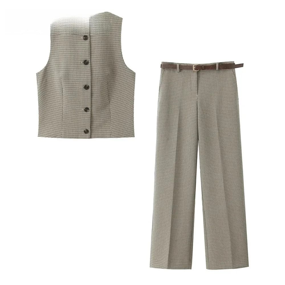 DUOPERI Women Two Piece Sets Plaid O-Neck Sleeveless Tank Tops &  Straight Leg Pants Casual Female Chic Suit