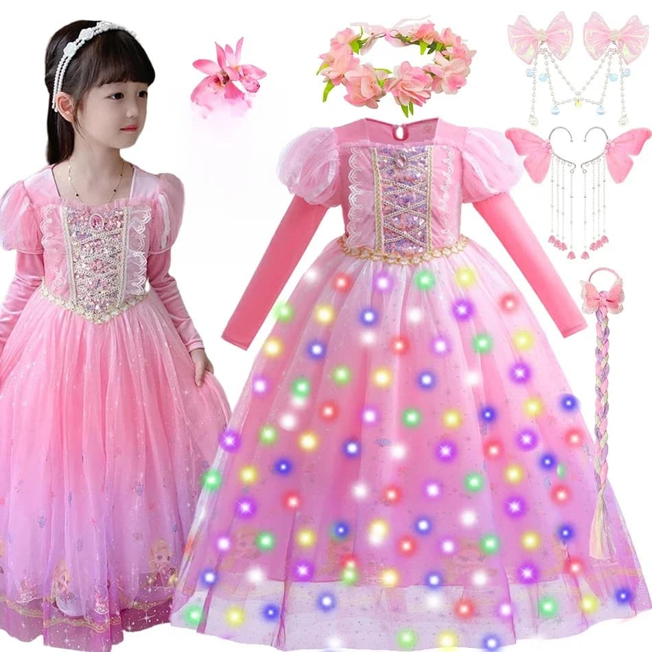 Girl Rapunzel Princess Dress Tangled Halloween Party Costume Children Luxury Print Ball Gown Lace Sequin Gradient Fluffy Frocks