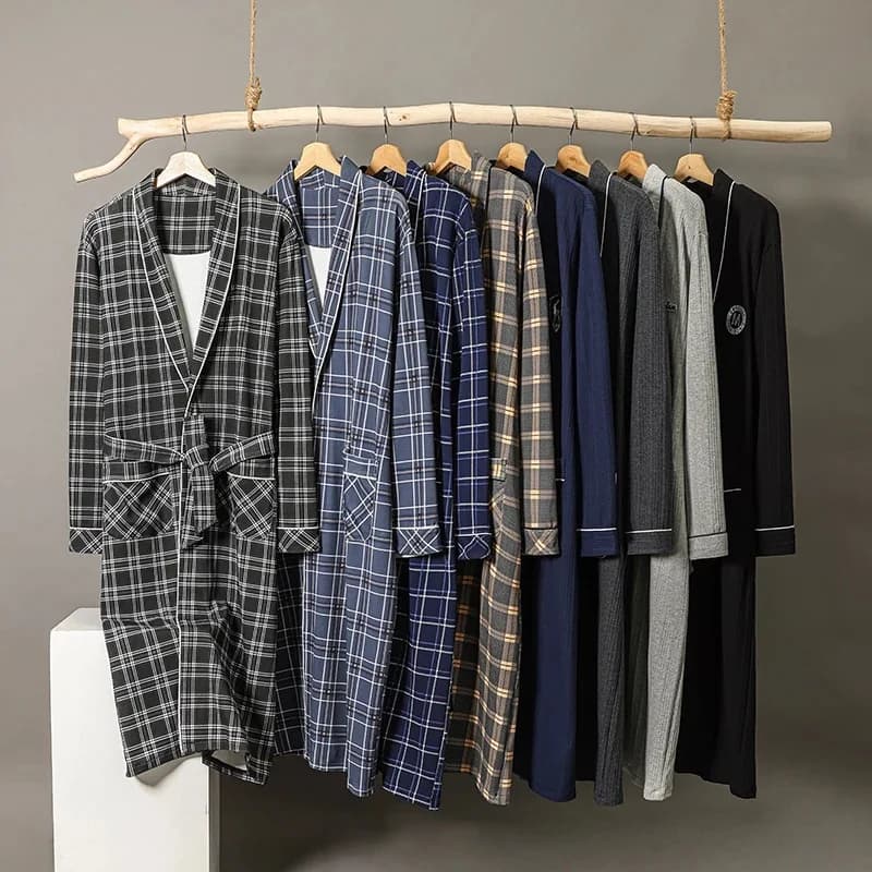 Spring Autumn Plaid Bathrobe Men Sleep Top Kimono Robes For Male Soft Cotton Long Bath Robe Bride Robe Dressing Gown M-4XL