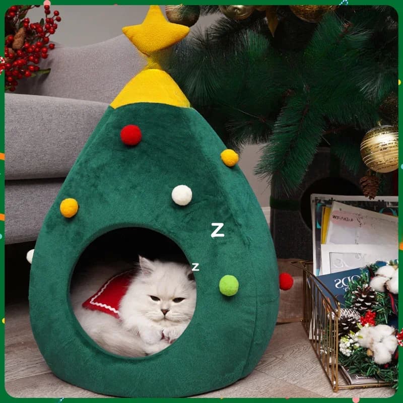 Christmas Cat/Dog Nest Warm  Comfortable Plush Teddy Pet Bed Cave Bed Shape Tree Cat Nest Detachable and Washable Pet Supplies