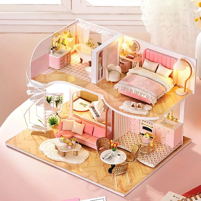 3D Wooden Mini Doll House Assembly Building With Furniture Kit DIY Handmade Duplex Apartment Production Toys Kids Birthday Gifts