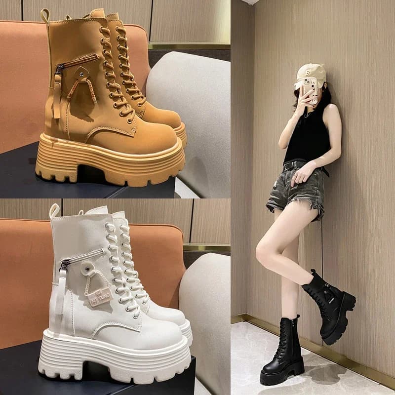 New 2023 Autumn Platform Mid-calf Boots  Women Thick Sole Winter Leather Punk Shoes Chunky Motorcycle Boots Woman