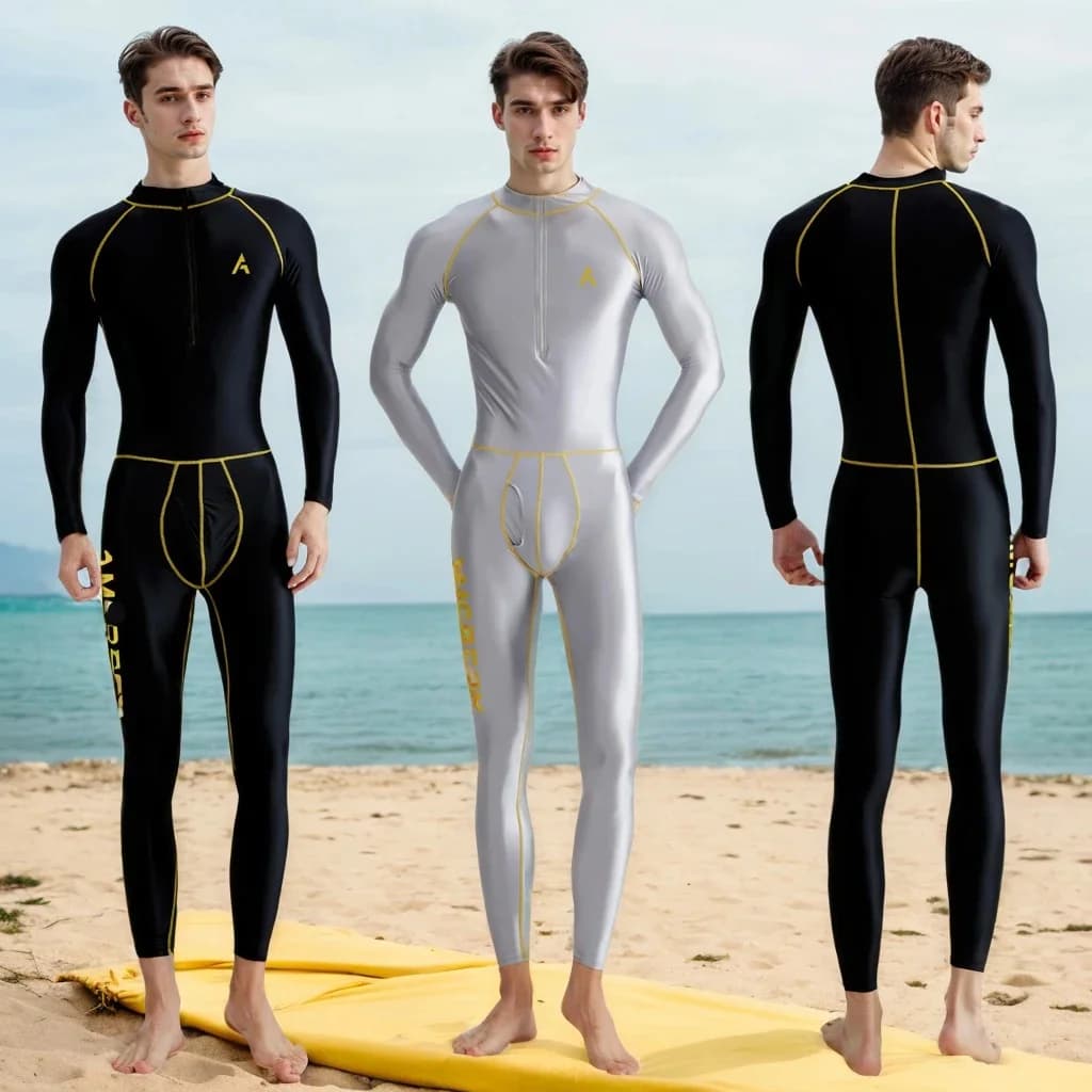 AMORESY Men Glossy Satin One Piece Jumpsuits Fitness Running Front Zipper Long Sleeve Overall Tracksuits Yoga Catsuits Bodysuits