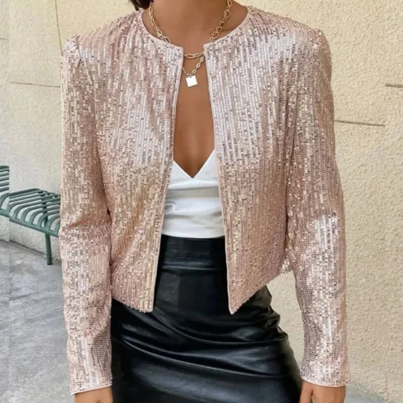 Elegant Chic Blazer Shining Sequins Short Coat New Fashion Long Slevee O-neck Cardigan Jacket Open Front Outwear Female Clothing