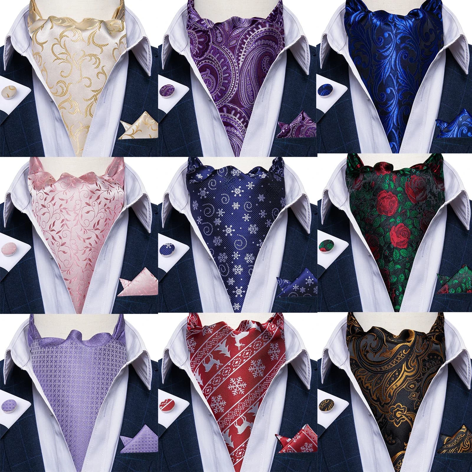 British Style Christamas Ascot Pocket Square Cufflinks for Man Party Men's Blue Cravat Snowflake Gentleman Tie Gift