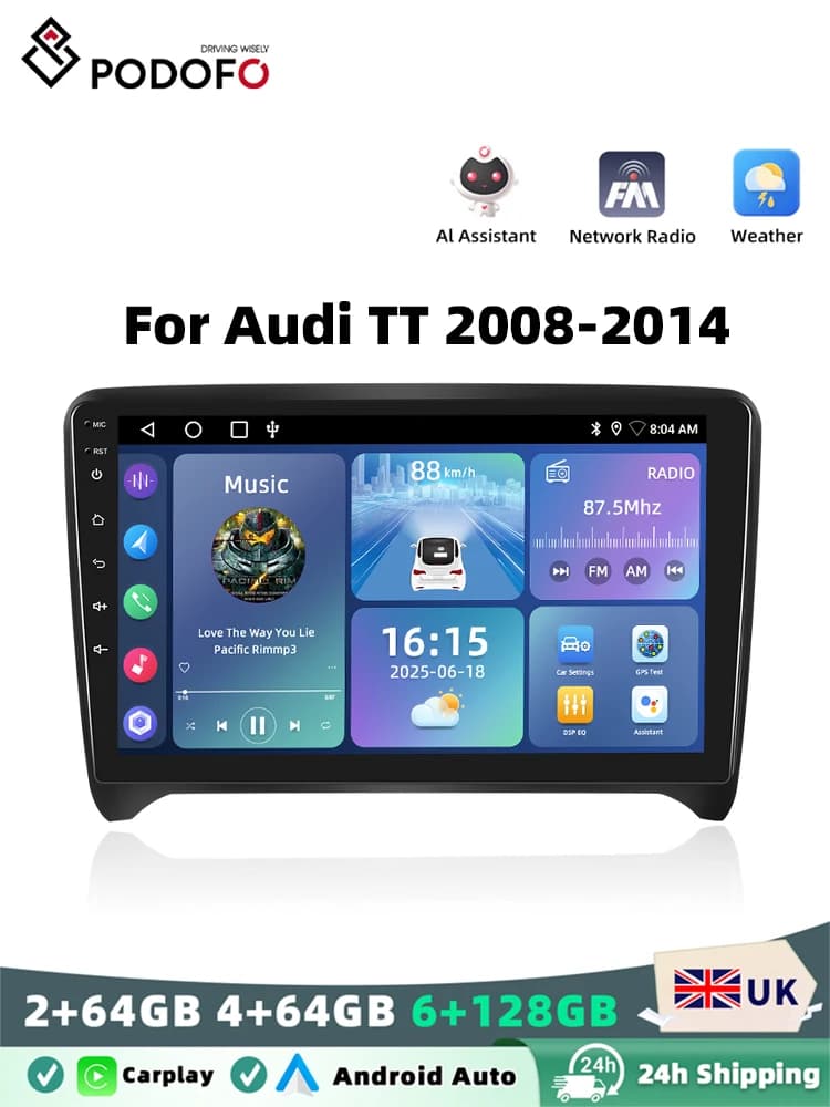 Podofo For Audi TT 2008-2014 Android Car Radio 2 Din Multimedia Stereo GPS Navi Head Unit Carplay Intelligent Systems