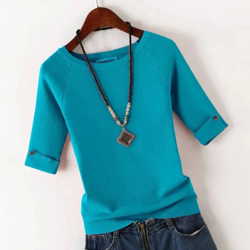 Women's Spring Autumn New Korean Solid Color Knitted T-shirt Slim Round Neck Half Sleeve Button Minimalist Pullover Bottom Tops