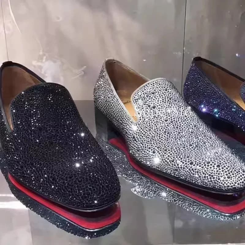 Black Rhinestone Shoes Classic Men Loafers Formal Flat Small Square Toe Summer Wedding Business Office Men's All Match Shoes