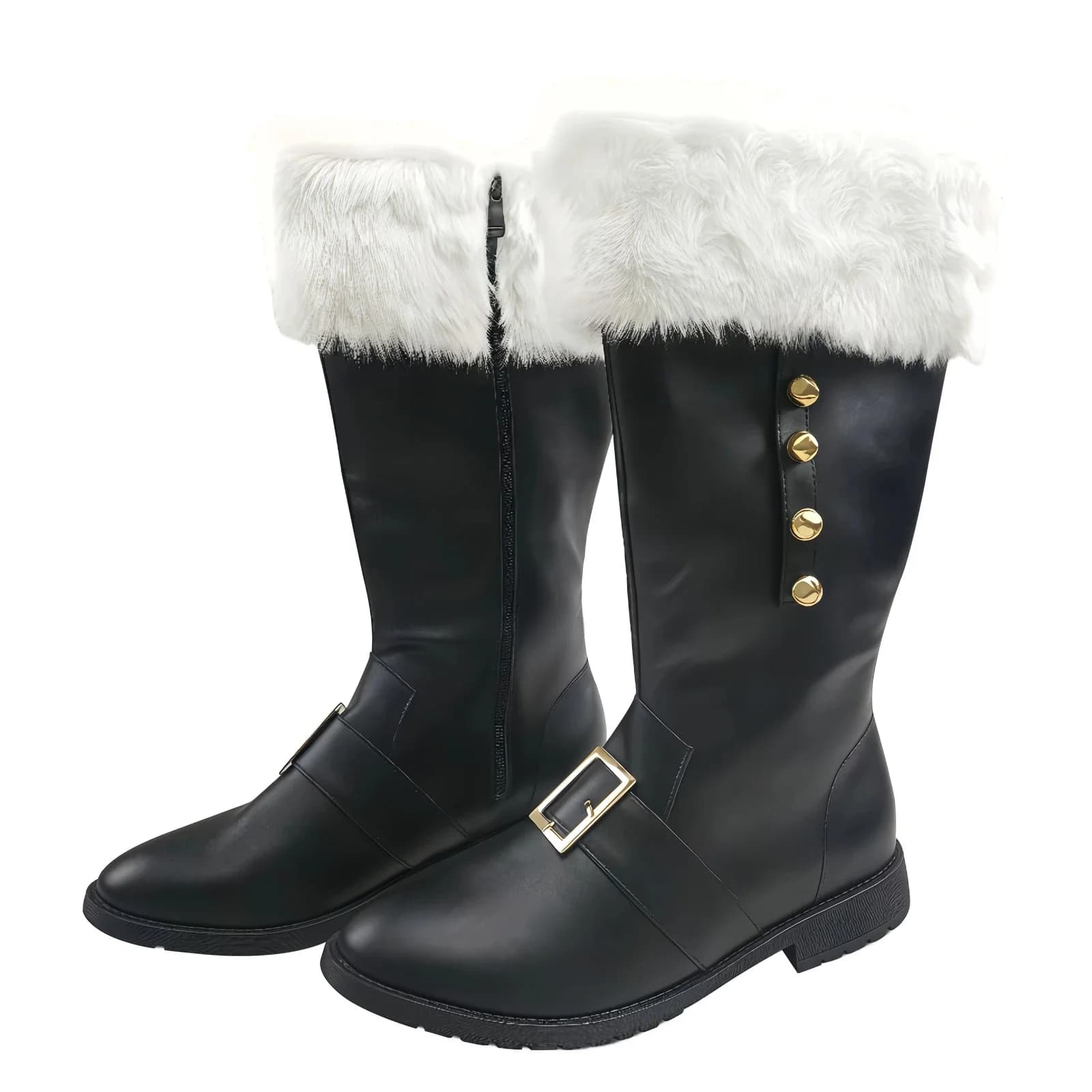 Christmas Santa Claus Boots Men's Wide Calf Santa Combat Boots with White Plush Cuffs Foot Bells Buckle Strap for Christmas