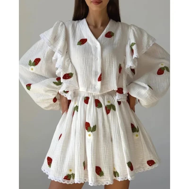 Women Cotton Linen Print Loose Suit Women Lantern Sleeve Ruffles V-neck Patchwork Single-Breasted Top High Waist Mini Skirt Suit