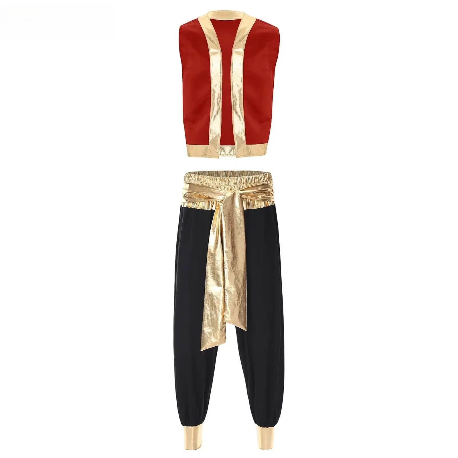 Mens Arabian Prince Aladin Captain Cosplay Costume Halloween Outfits Metallic Shiny Trim Open Front Vest with Belted Long Pants