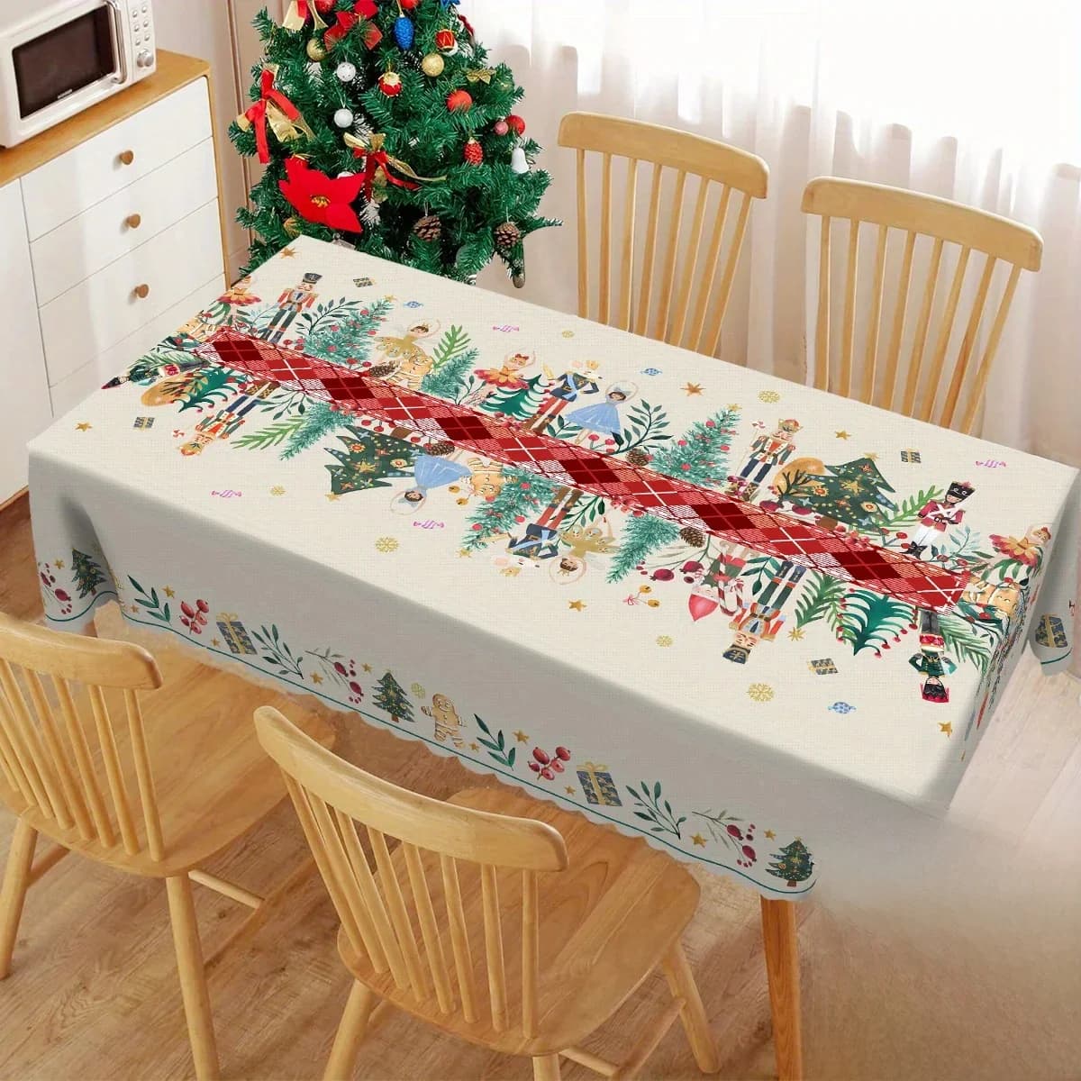 Christmas Nutcracker Holly Waterproof Tablecloth Holiday Party Decor Reusable Xmas Rectangle Table Cloth Dining Room Table Decor