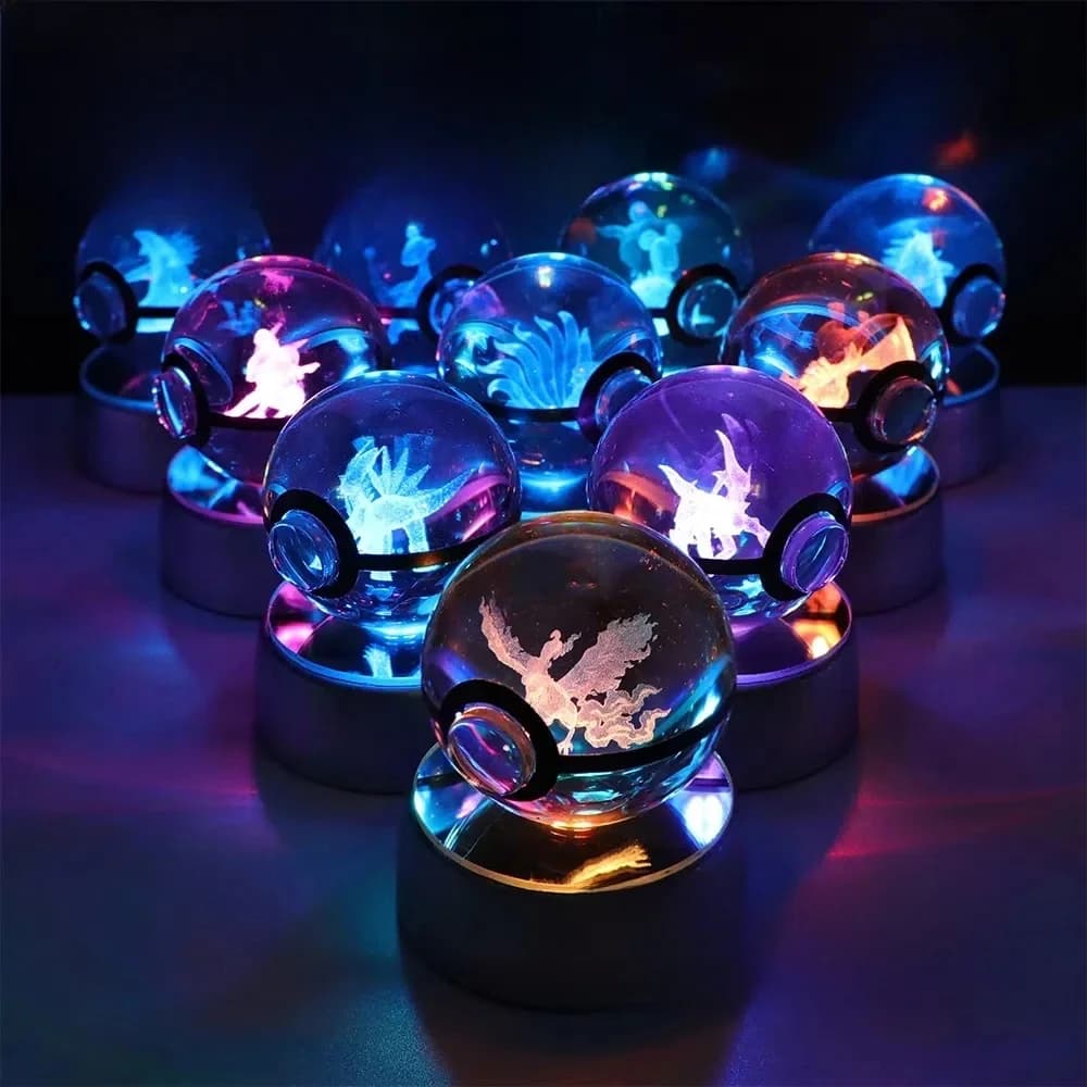 Pokemon Crystal Ball Pikachu Gengar Eevee Mewtwo Lacario Anime Game Pokeball Led Night Light Base Kids Birthday Gift Home Decor