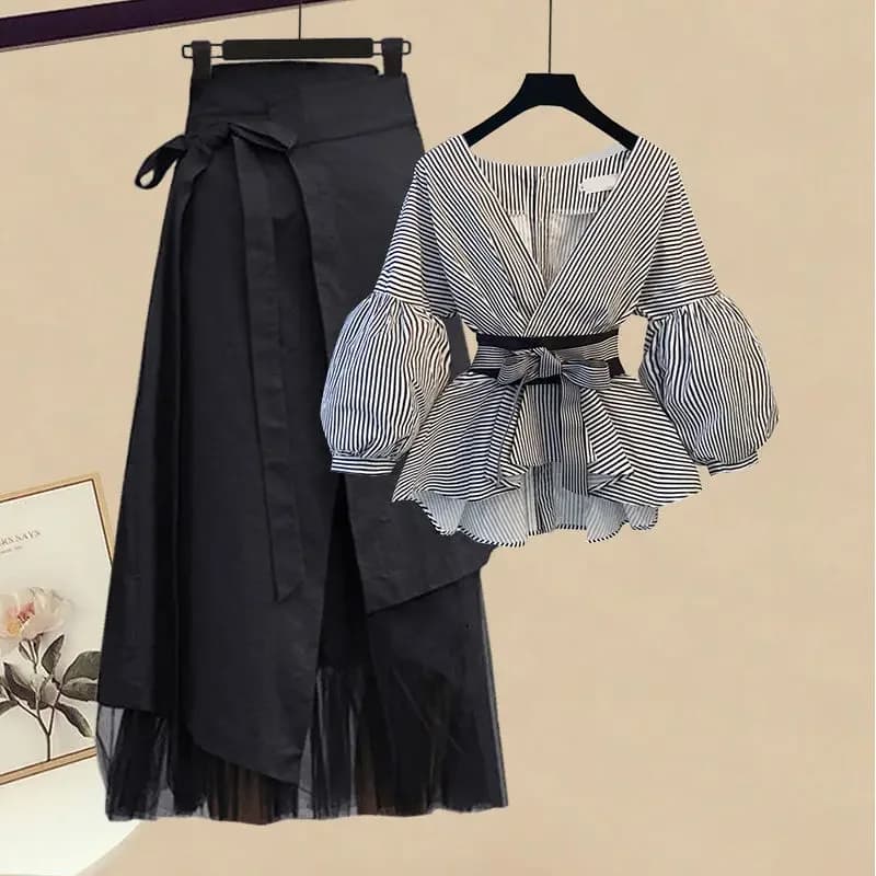 Large Size Women's Clothing 2023 New Korean Spring Summer Long Sleeved T-shirt + Temperament High Waist Skirt Two-piece Set