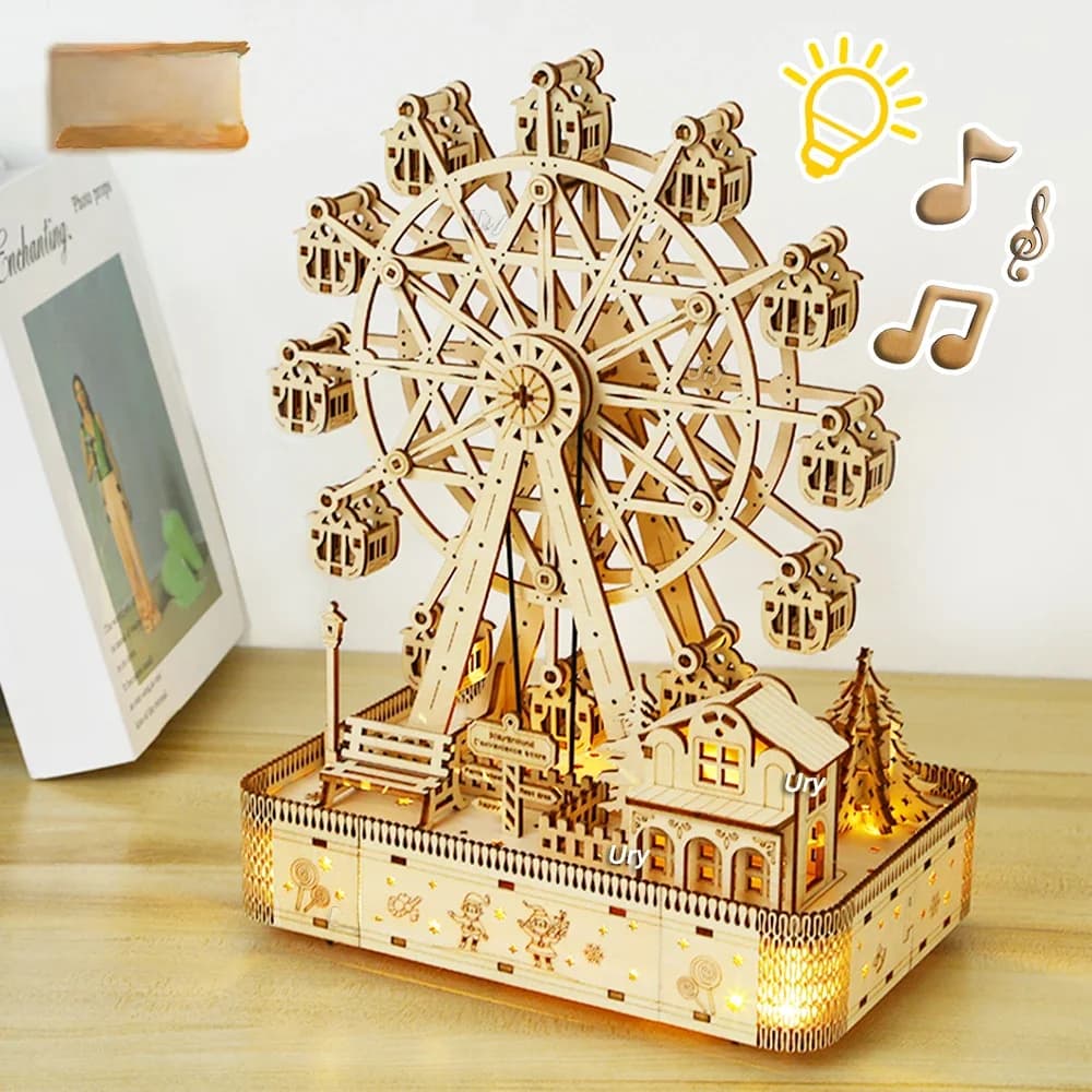 Ury 3D Wooden Puzzles Led Rotatable Ferris Wheel Music Octave Box Model Mechanical Kit Assembly Decor DIY Toy Gift for Kid Adult