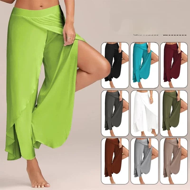Summer Women Slit Flared Palazzo Trousers Wide Leg Pants Chiffon Side Split Casual Loose Pants Elegant Lady Harem Yoga Pants 5XL
