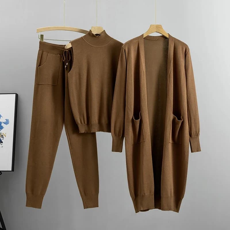 Fashion Women Sweater 3 Piece Set Tracksuit 2025 Autumn Long Cardigan Coat + Half Turtleneck Vest + Pants Knitted Suits Outfits