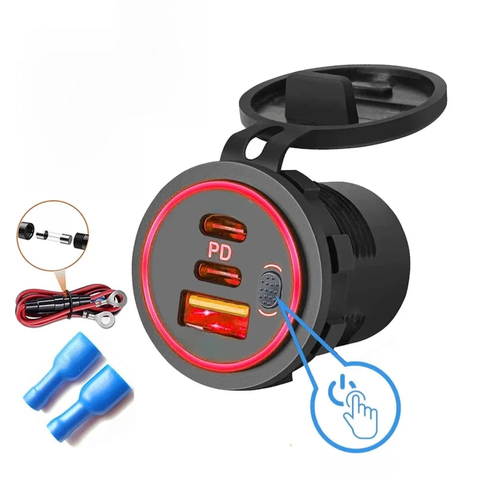 Quick Charger QC3.0 +PD Car Charger Socket 78W Double USB Port Type C Three Ports Power Adapter With Switch Universal Waterproof
