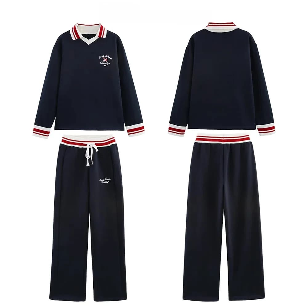 Varsity Embroidered Text Pants Sets for Ladies Polo Neck Sweatshirt with Ribbed Cuffs and Straight Leg Contrast Drawstring Pants