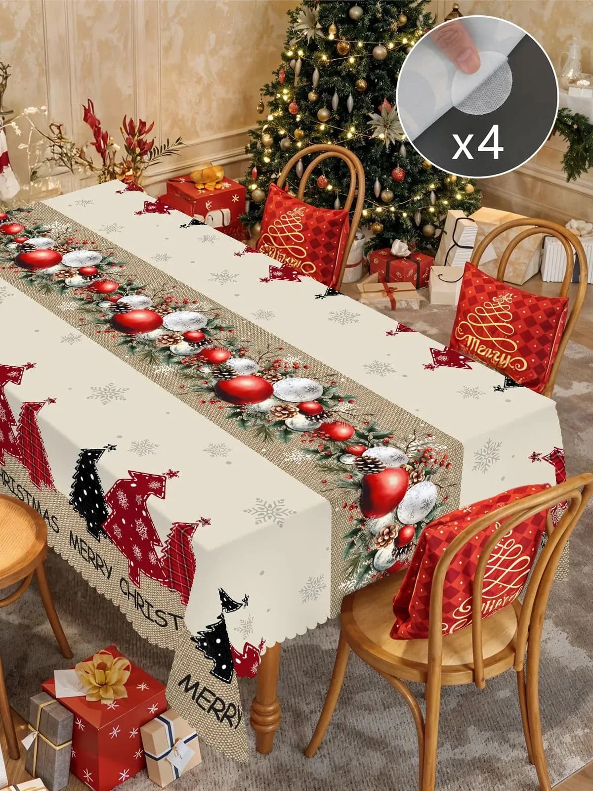 1 Piece, Merry Christmas Themed Christmas Tree Pattern Tablecloth + 4 Self-Adhesive Stickers, Christmas Atmosphere, Snowflake Christmas Tree Christmas