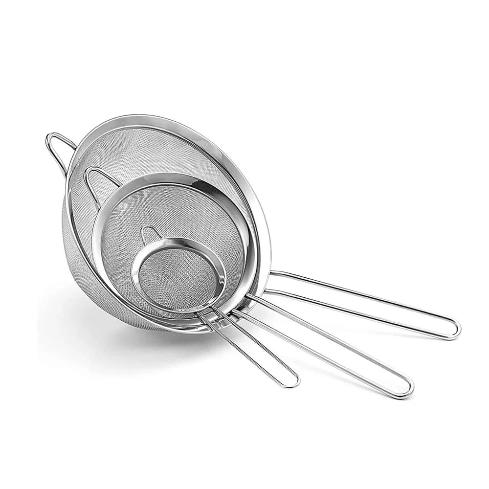 3pcs Fine Mesh Strainers Set Stainless Steel Multipurpose Flour Sieve Sifter With Handle Perfect For Tea Flour Egg Kitchen Tool