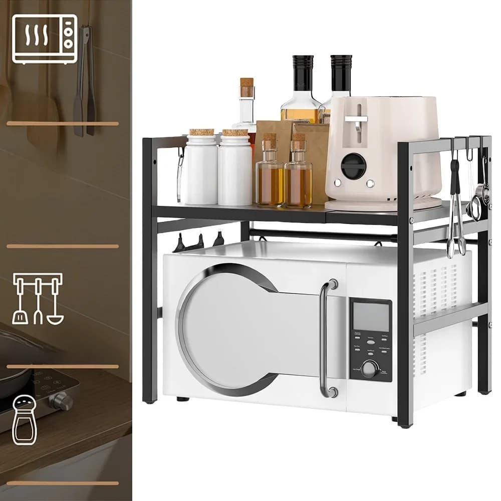 Expandable Microwave Rack, 2 Tier Microwave Rack with 6 Hooks, Microwave Rack, Baking Rack, Kitchen Countertop Organiser