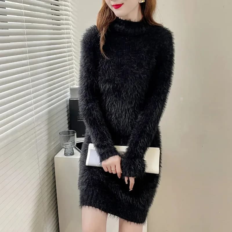 Women's Pullover Sweater Outside Wearing New Autumn Winter Imitation Mink Fleece Mid-Length Korean Long Knitted Base Shirt Dress