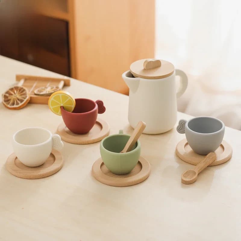 Baby Play Set 9pc Afternoon Tea Set Children's Play House Toy Afternoon Tea Set Pot Food Grade Silicone Toys for Girl Gifts