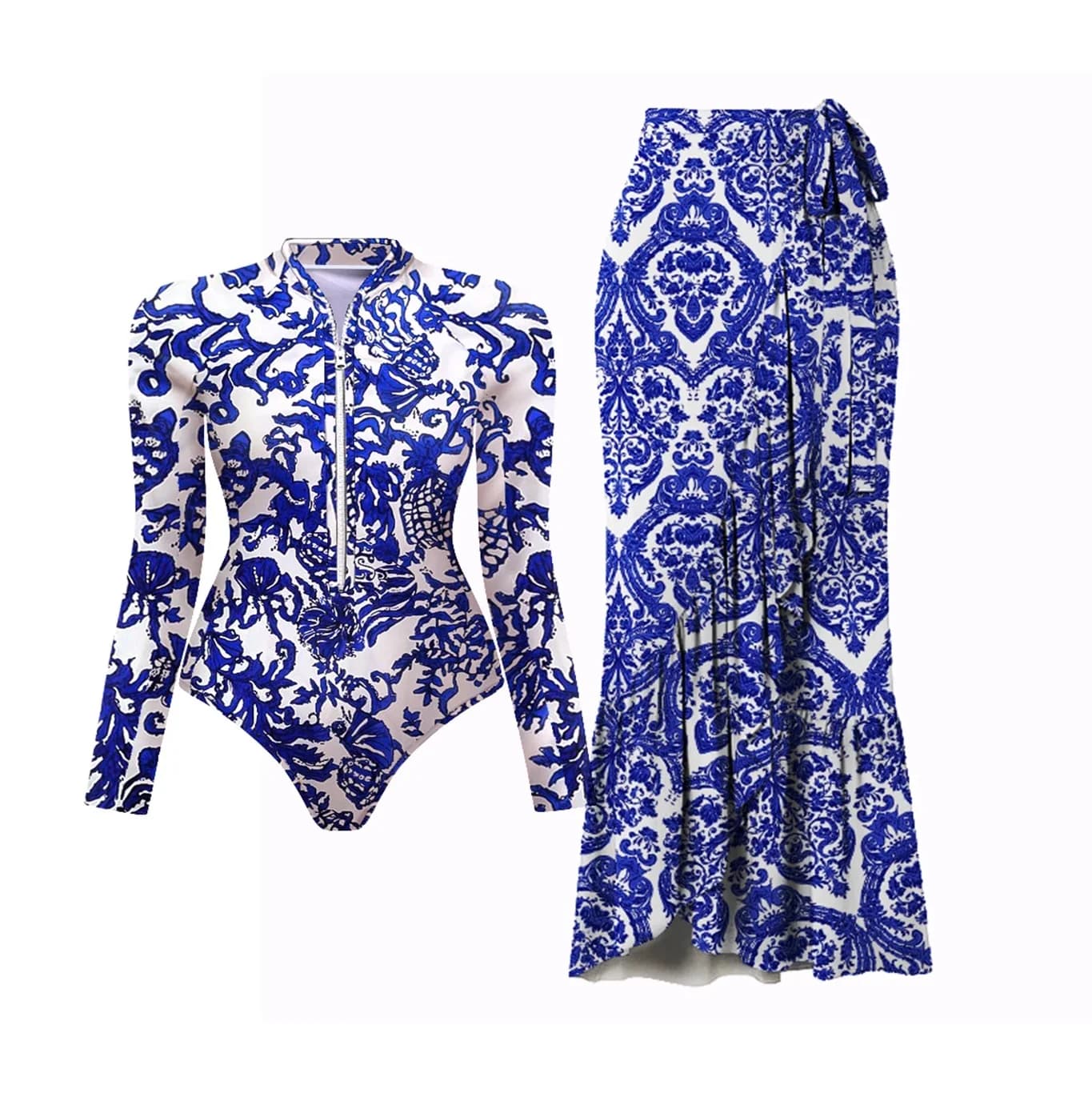 Black And Printed Long Sleeve Swimsuit With Cover Up Sexy Swimwear Women Surf Swim Suit Slimming Bathingsuit Bodysuit Beachwear