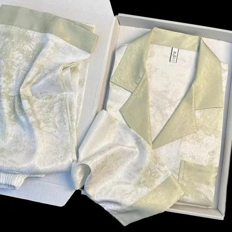Women's Satin Pajama Set Spring New Classic Sandpainting Pajama Set Long Sleeve Button Green Pajama Lounge Pant Women Sleepwear