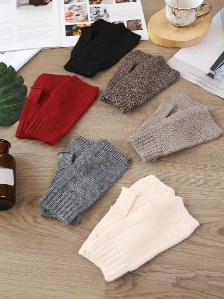 Women Moss Stitch Seamless Mitts Thick Winter Autumn Wool Knit Exposed Finger Thumb Hole Fingerless Gloves Wrist Warm Mittens