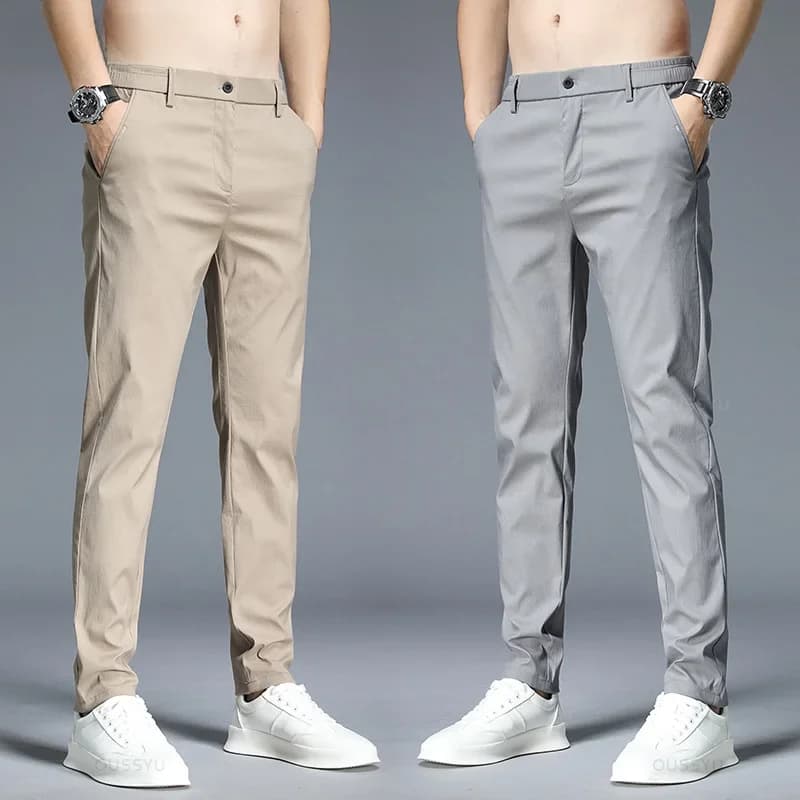 Spring Summer Casual Pants Men Thin Stretch Slim Fit Elastic Waist Business Classic Korean Trousers Male Khaki Gray 38
