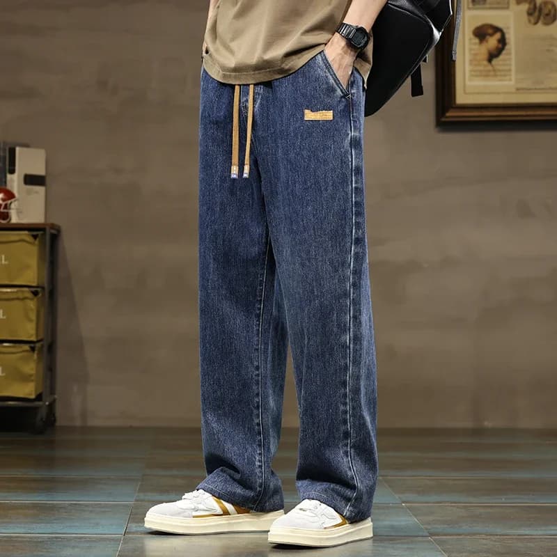 Men Straight Leg Blue Gray Loose Y2K Drawstring Jeans Streetwear Casual Wide Denim Pants Male Baggy Stylish Harajuku Trousers