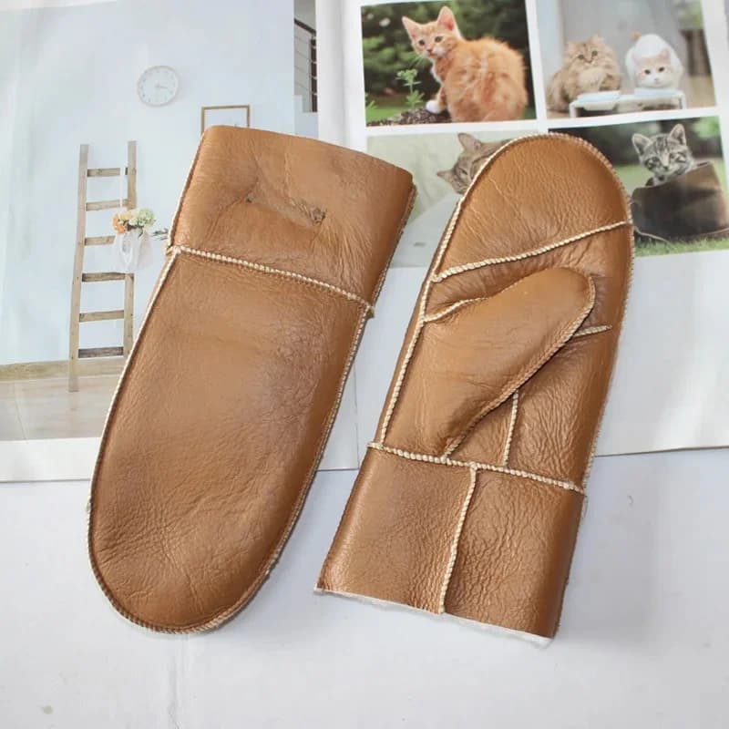 New leather women's fur gloves winter sheepskin stitching thick warm wool lining cold-proof mittens