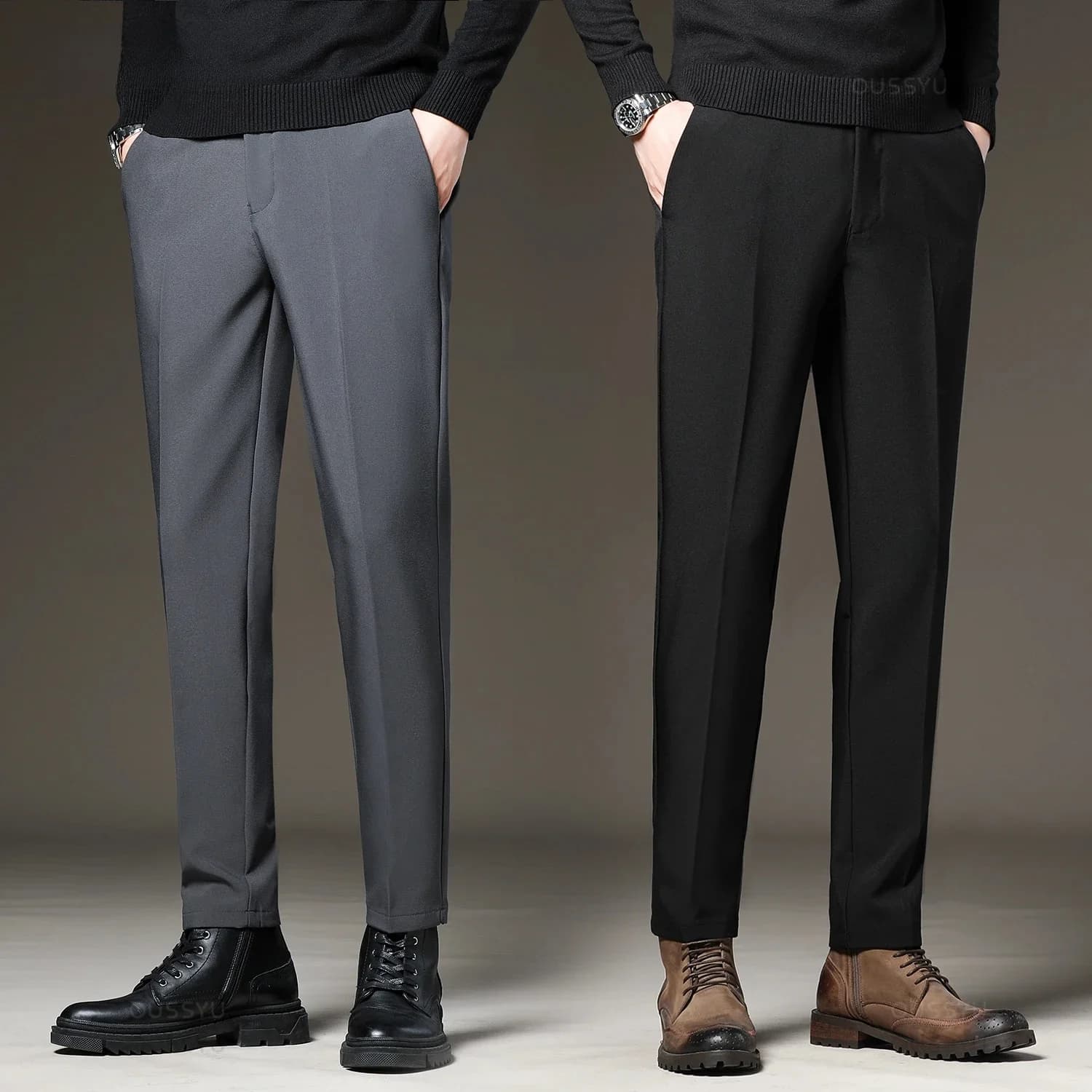 New Men‘s Suit Pants Slim Business Office Elastic Waist Black Grey Classic Pant Korean Trousers Male Plus Size 27-38 40 42