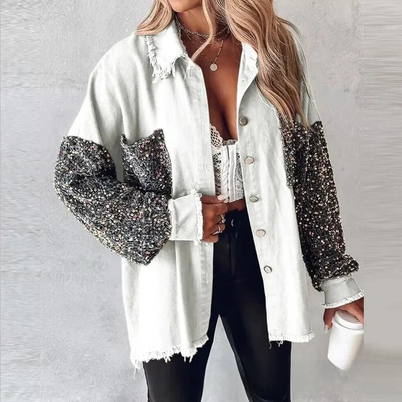 Elegant Cardigan Coat Outwear Single Breasted Shirt Coats Women Long Sleeve Sequin Stitching Pockets Shirt Jackets
