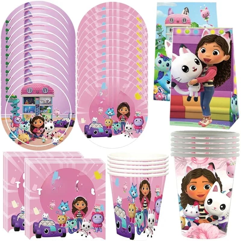 Gabby Dollhouse Birthday Party Supplies Plates Cups Tablecloth Napkins Gabby Cat Birthday Decoration Supply Kit Kids Party Favor