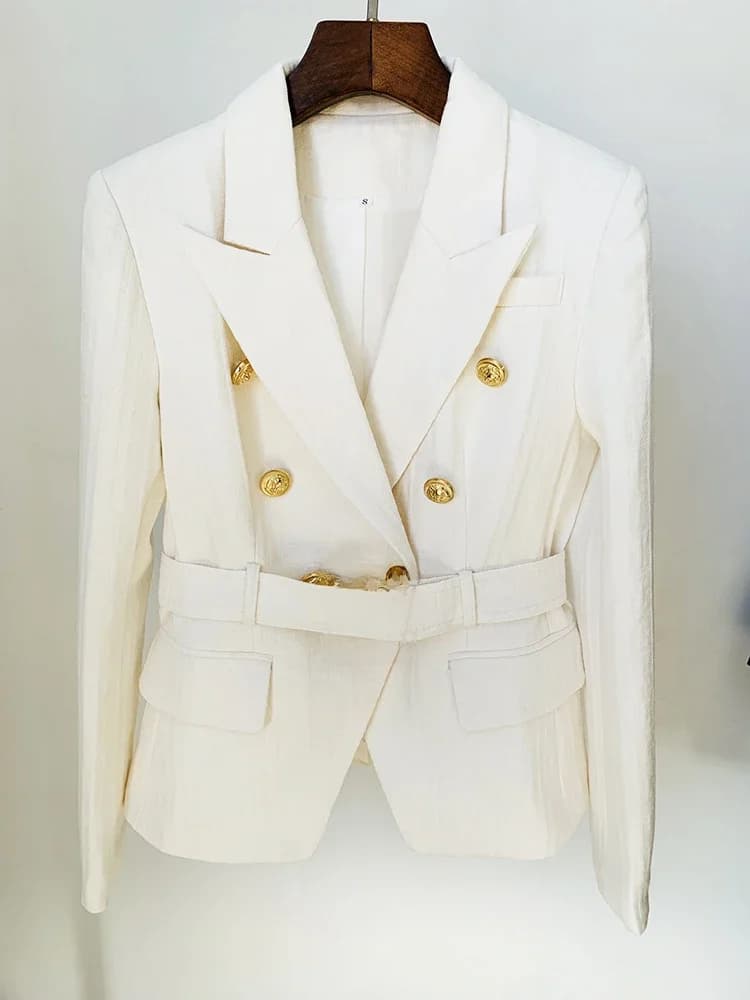 HIGH STREET Newest 2026 Designer Jacket Women's Double Breasted Lion Buttons Monogram Jacquard Belted Blazer