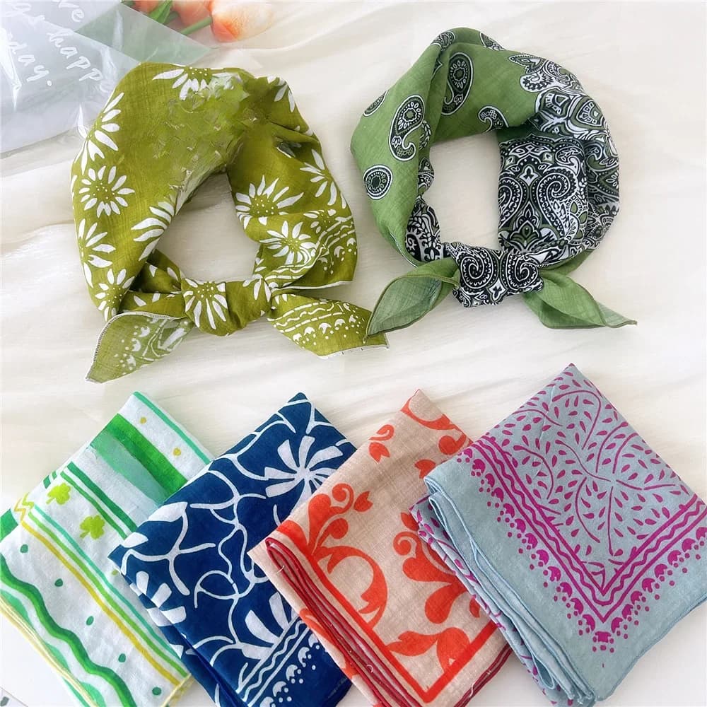 Luxury Floral Print Cotton Linen Square Scarf Women Soft Hair Scarf Square Handkerchief Ladies Neck Scarves Cute Head Scarfs