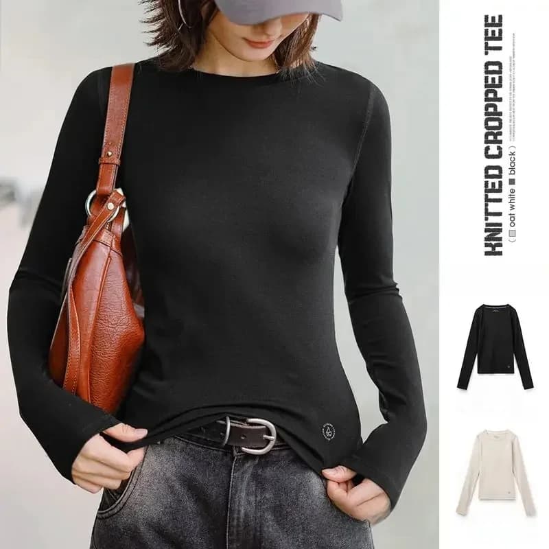 Maden Women’s Thermal Top Crew Knit Long Sleeve Underwear Shirt Slim Fit Inner Wear Warm T-shirt Autumn Spring Female Inner