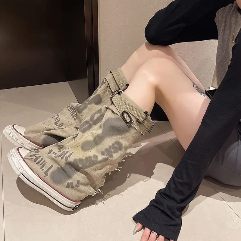 Graffiti High Top Canvas Shoes Women's High Top Boots Wide Barrel Mid Barrel Boots 2025 New Trouser Barrel Stacking Boots