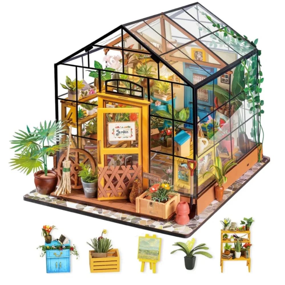 Rolife Mini Green House Cathy's Flower House DIY Dollhouse Wooden Miniature Furniture Kit with LED Best Birthday Gifts