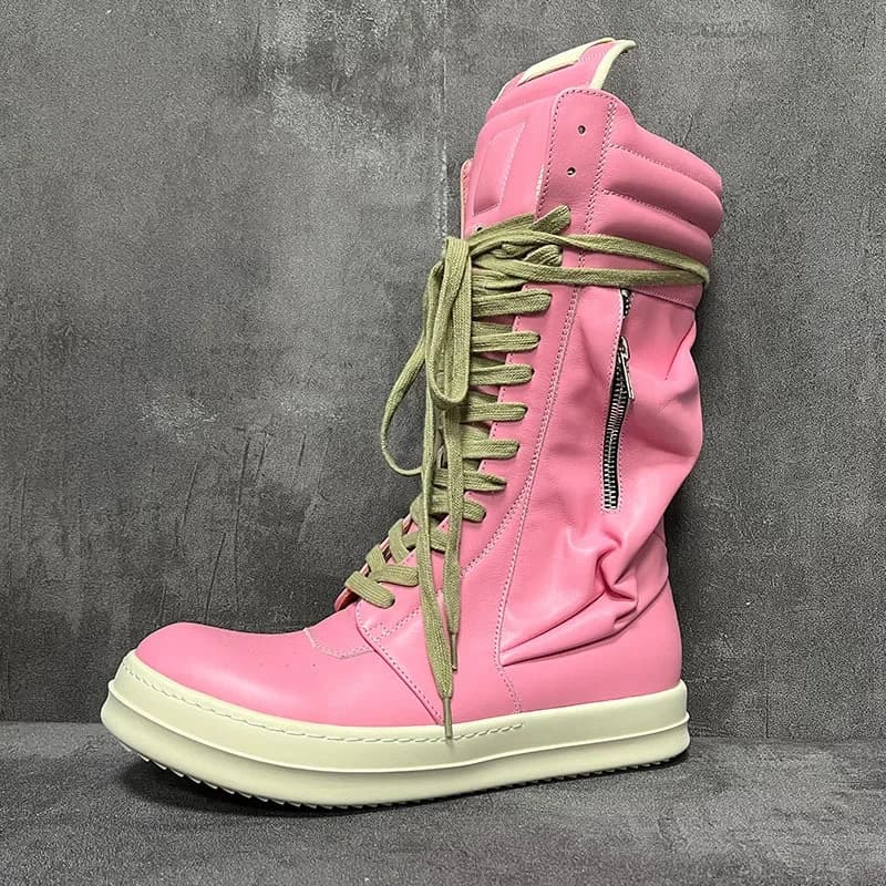 Men Women High Top Boots Casual Platform Sneakers Leather Luxury Trainers Lace Up Zip Autumn Black Pink Shoes