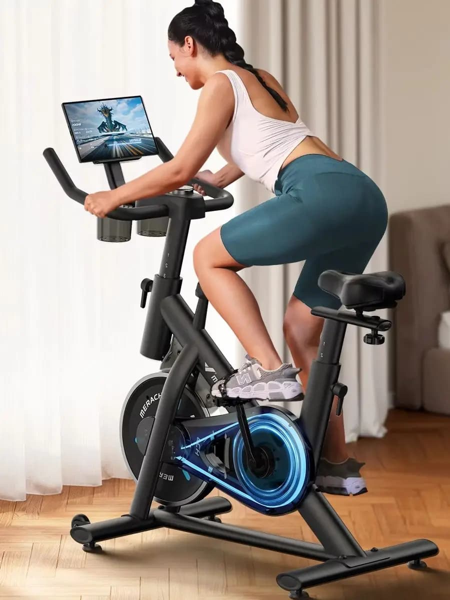 MERACH Exercise Bike Brake Pad Stationary Bike Low Noise Indoor Cycling Bike 270lbs Weight Capacity Tablet Mount Fitness Courses