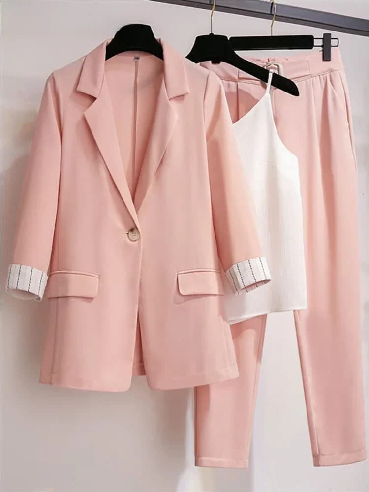 2025 spring new plus size Korean elegant women's suit female blazer leisure pants Tweed suit jacket three piece jacket pants set