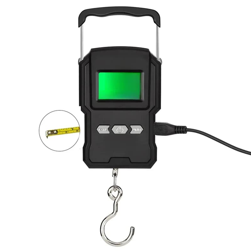 Black Electronic Weighing Digital Scale Rechargeable LCD 75Kg 10g Luggage Scale Hanging Hook Fishing Scale with Measuring Tape